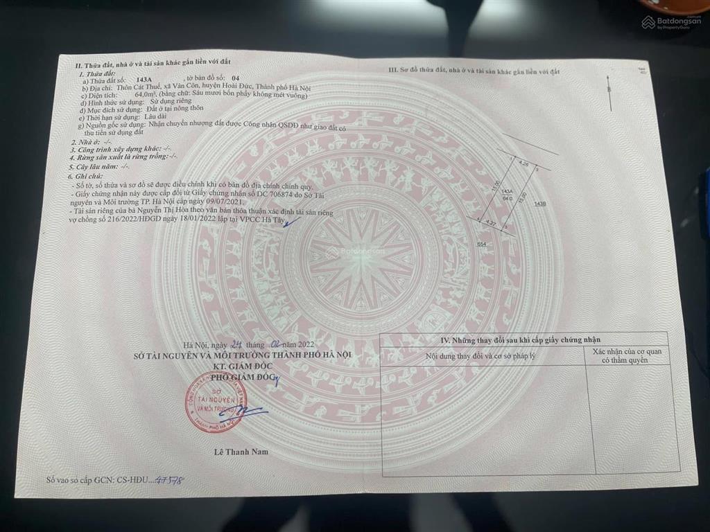 Bán đất 64m2 tại xã vân côn, 72 triệu, mặt tiền 4.2m, ngõ rộng 5m