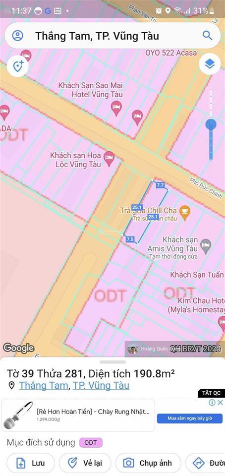 Bán nhà căn góc 2 mặt tiền phó đức chính  s=191m2=7,7x25m  khu khách sạn bãi sau vũng tàu  47 tỷ