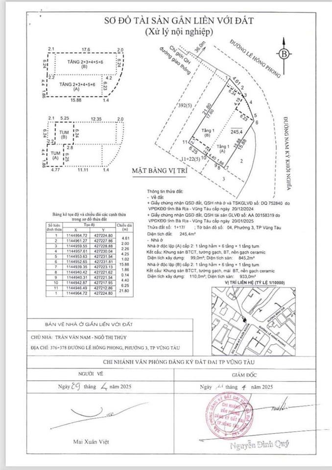 Bán tòa nhà mặt tiền lê hồng phong  246m2=12,5x21m = 8 tầng mới đẹp  hđ thuê 200tr/th  76 tỷ