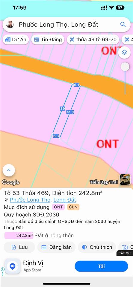 Bán đất sổ riêng 242m2 ngang 6x40m 80m2 thổ cư. cổng chính khu công nghiệp đất đỏ long đất, brvt