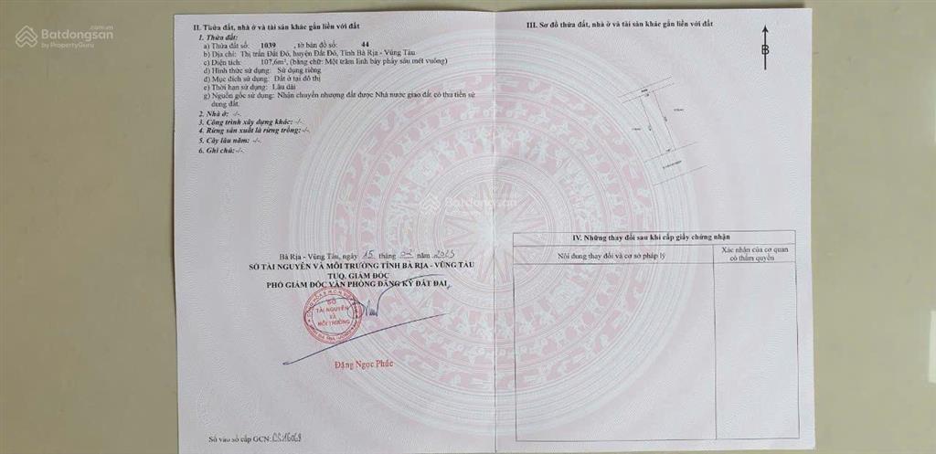 Đất khu tái định cư lêkima thị trấn đất đỏ 107m2, full thổ cư hạ tầng nhựa vỉa hè, giá 1 tỷ 3