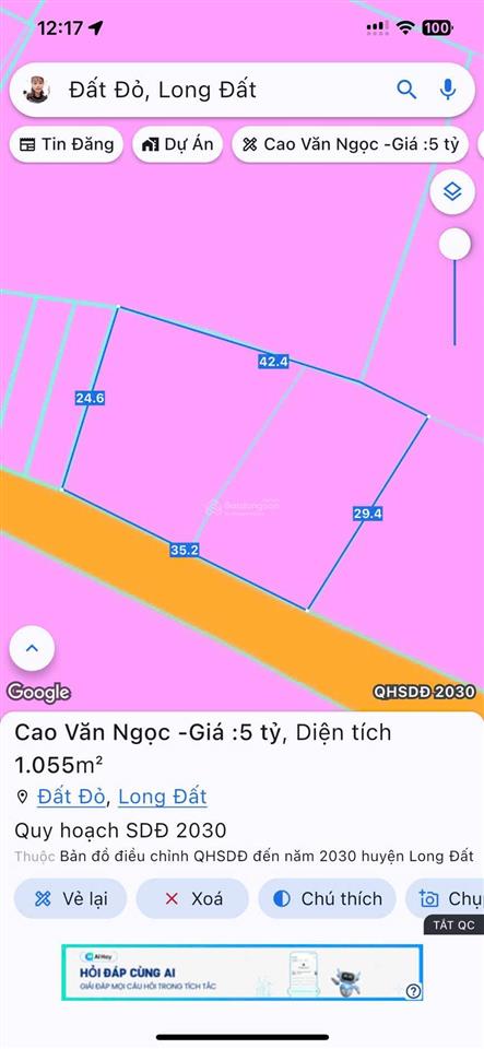 Bán 1066m2 mặt tiền rộng 35m đất trung tâm thị trấn đất đỏ brvt khu dân cư đông, cách biển 10 phút