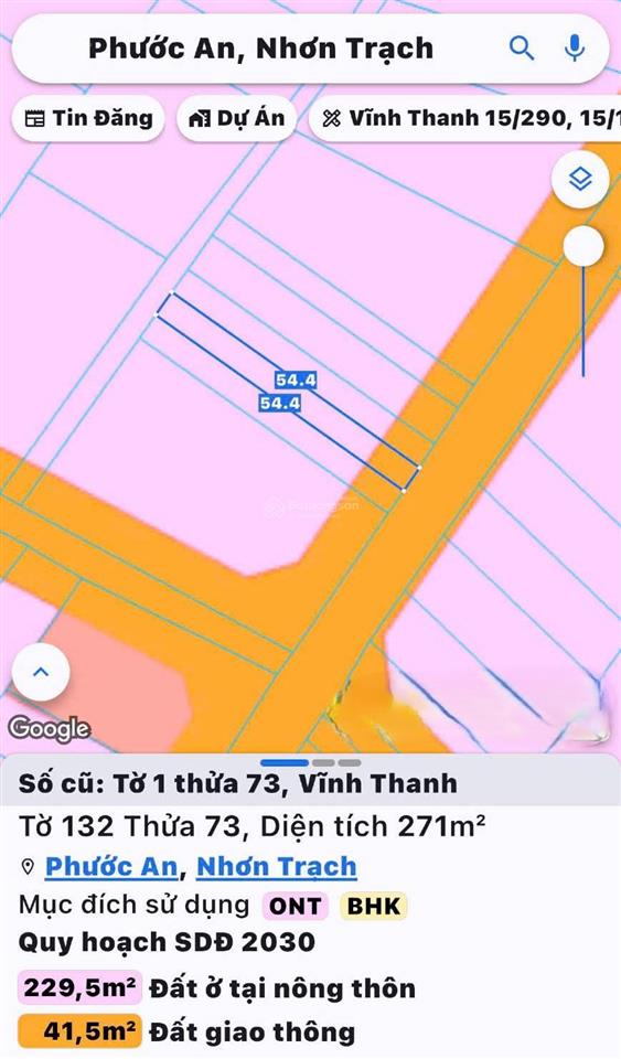 Bán lô đất mặt tiền hòa bình, vĩnh thanh, nhơn trạch. dt 271m2, sổ cất két, giá đầu tư lời nhanh