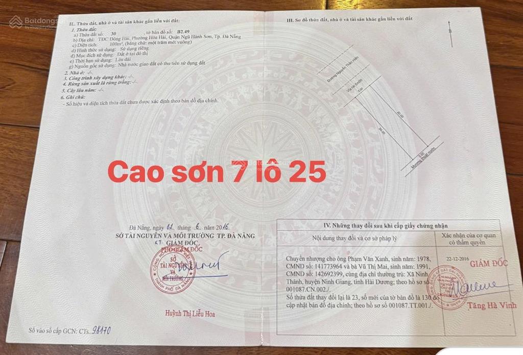 Đất biển ở lâu dài. dt 5 x20m/lô. biển tân trà