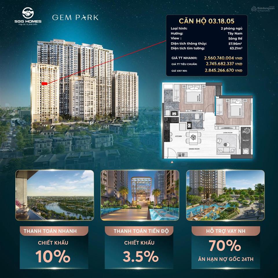 Sót lại duy nhất căn hộ 2pn 57m2 tầng cao view sông rế giá chỉ 2,56 tỷ
