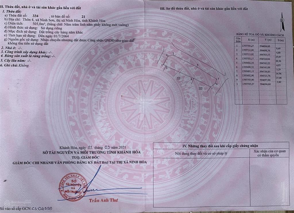 Bán đất 505m2 tại ninh sơn, ninh hòa, khánh hòa, giá tốt chỉ với 590 triệu vnd