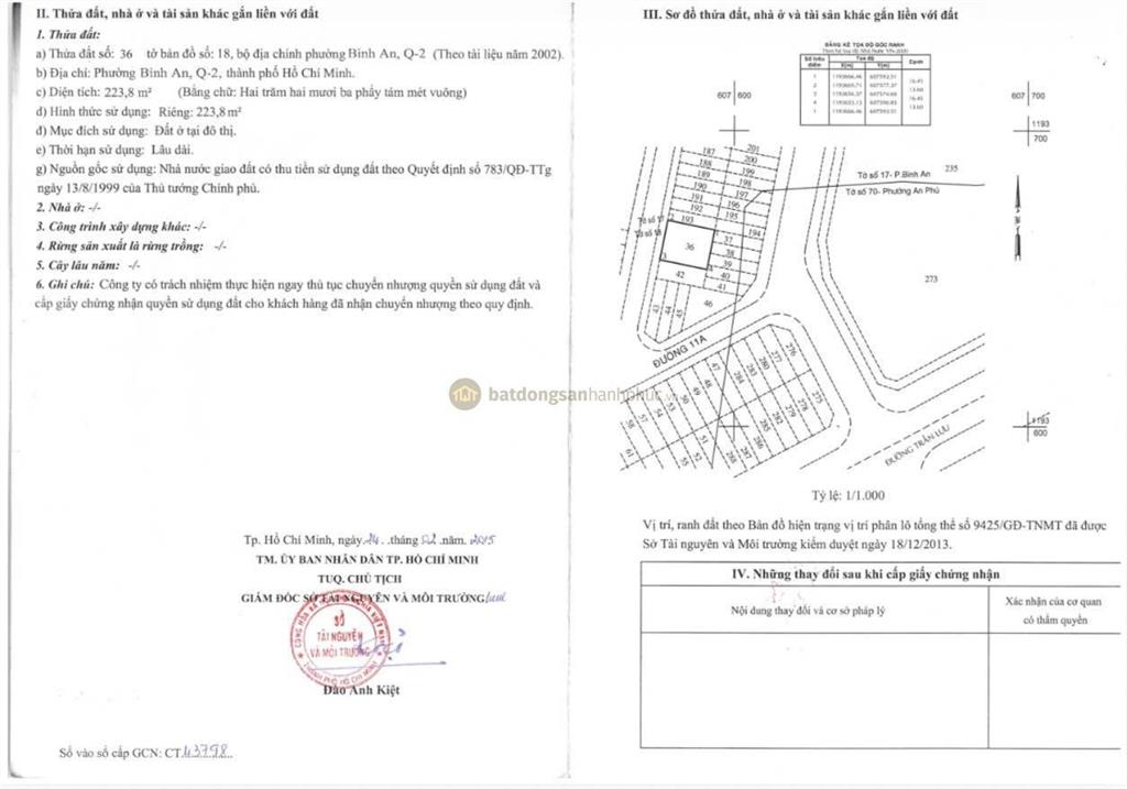 Bán lô đất đẹp đường số 10a, p. bình an, quận 2  223.8 m²  37 tỷ (tl)