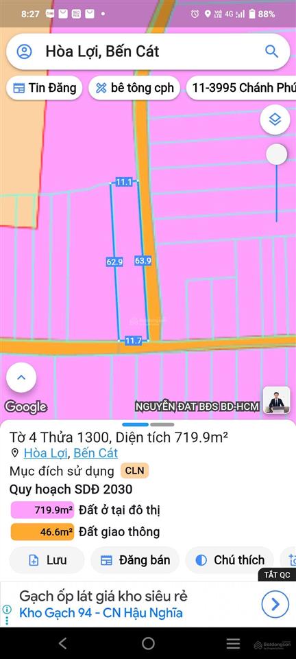 Lô góc 2 mặt tiền đường hoà lợi 007 cách dt 741 200m, diện tích 11 x 63m tc 300m2, giá 7,5 triệu/m