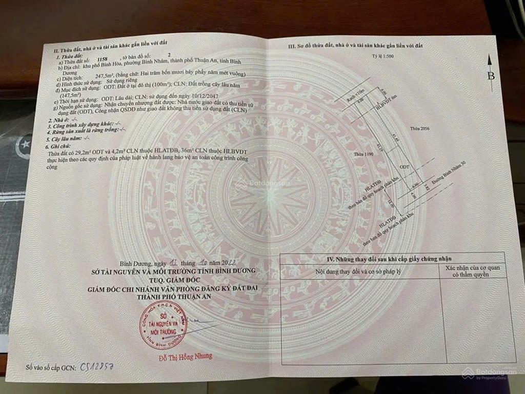 Đất mt bình nhâm 30 thuận an, dt 6mx41m, sẵn 100tc đường 4m ngay khu biệt thự,  0908 525 ***