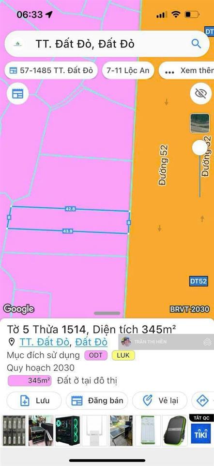 Mặt tiền tỉnh lộ 52 võ thị sáu  đất đỏ  brvt dt 345m2  8m x 42m  sẵn 60m2 tc