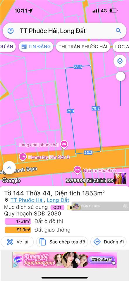 Lô góc mạc thanh đạm  thị trấn phước hải  cách biển 1km  23x79m  1852m²