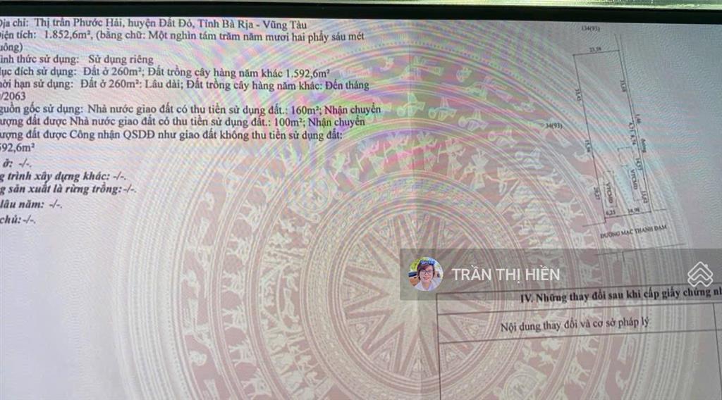 Lô góc mạc thanh đạm  thị trấn phước hải  cách biển 1km  23x79m  1852m²