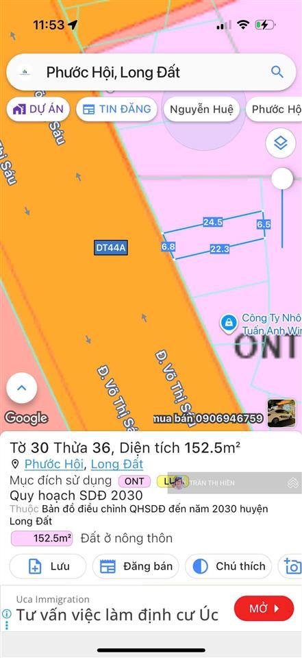 Mặt tiền tỉnh lộ 44a về biển phước hải  6.5x24m  152m2 full thổ cư  mặt tiền kinh doanh