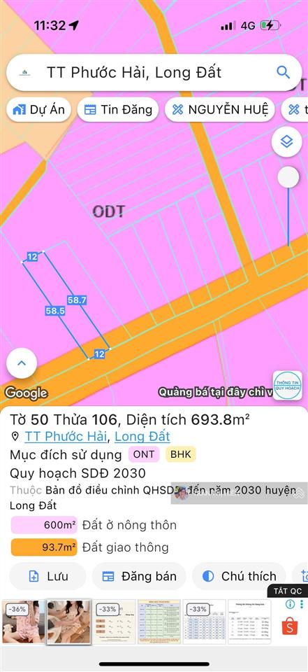 Lô đất biệt thự vườn cực đẹp thị trấn phước hải  cách biển 3km  693,5m² ngang 12mx58m