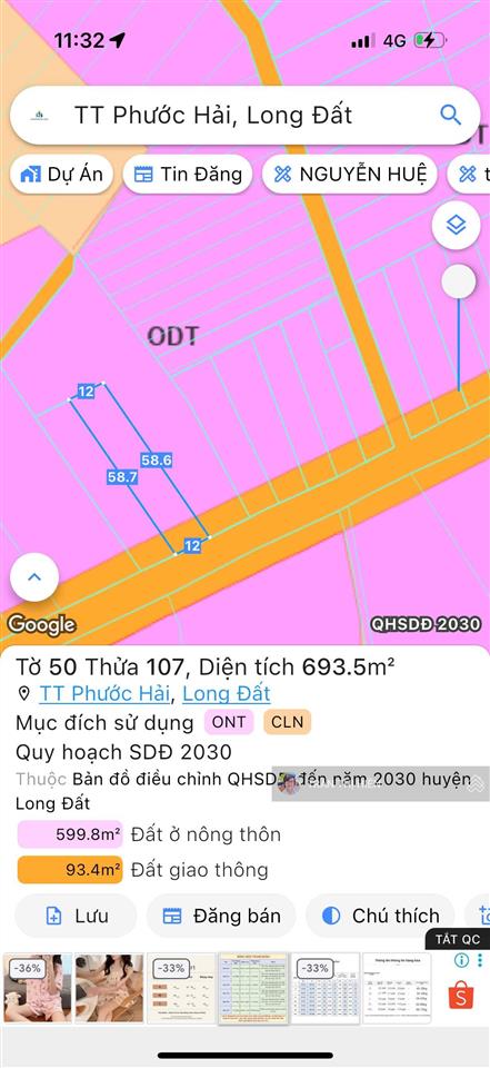 Lô đất biệt thự vườn cực đẹp thị trấn phước hải  cách biển 3km  693,5m² ngang 12mx58m