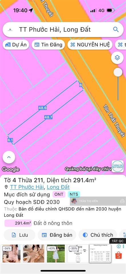 Mặt tiền tôn thất thuyết  thị trấn phước hải  cách biển 1.5km 6x50m  291m2 sẵn 80m2 tc