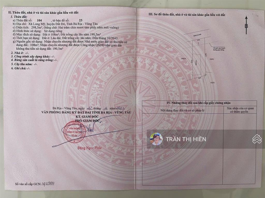 Mặt tiền tỉnh lộ 44b cũ  xã phước hải  tp hcm  dt 298,5m2  ngang 9.8m x 30m sẵn 108m2 thổ cư