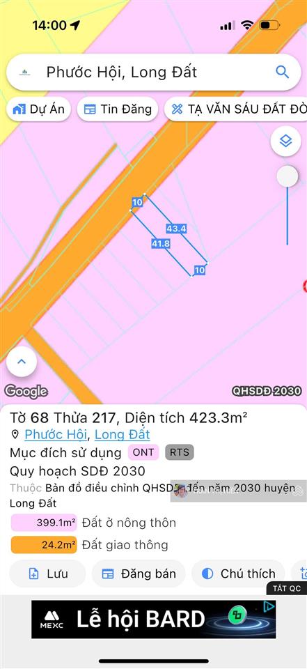 Cách bãi tắm lộc an chỉ 2km  10x42m  423m2  sẵn 100m2 thổ cư, đã xây rào cổng