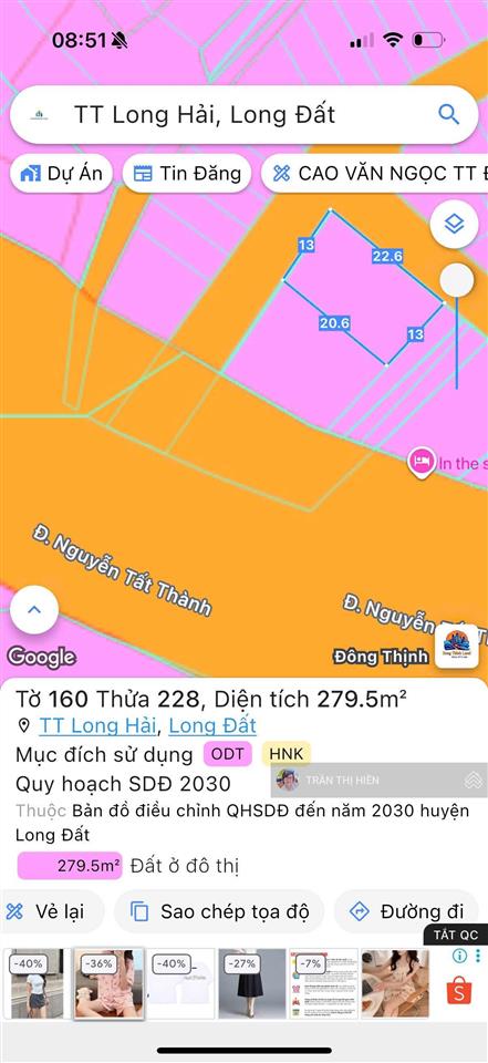 Lô góc 2 mặt tiền ngay đường nguyễn tất thành  long hải  cách bãi tắm charm resort 500m  13x23m