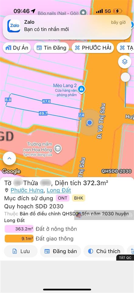 Mặt tiền võ thị sáu  xã long hải  sẵn mặt bằng 370m2 đang cho thuê 13tr/th