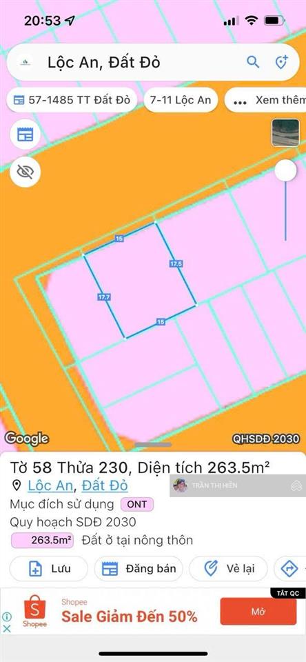Mặt tiền trục chính đường hàng dương  biển lộc an  xã phước hải tp hcm  15x17,5m