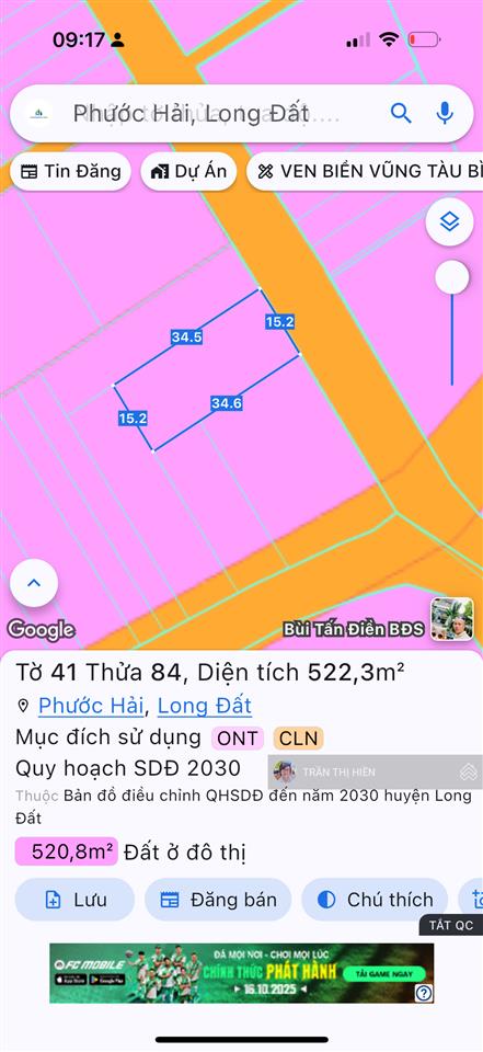 Thị trấn phước hải  brvt, đi biển chỉ 5km  dt 522m2  15x34m  sẵn 120m2 thổ cư