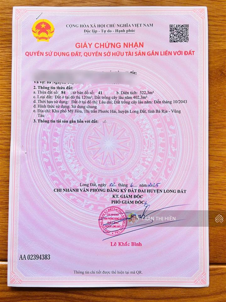 Thị trấn phước hải  brvt, đi biển chỉ 5km  dt 522m2  15x34m  sẵn 120m2 thổ cư