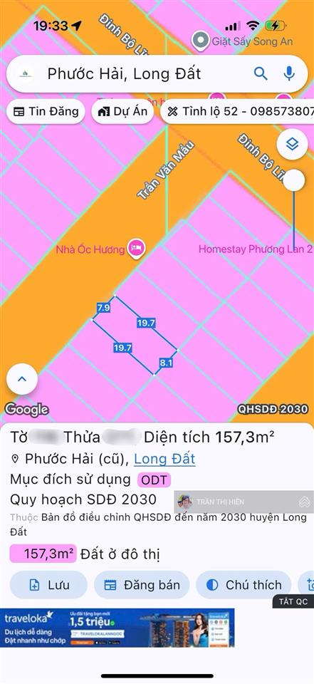 Đường trần văn mầu  tái định cư phước hải  brvt đi bộ ra biển 300m. dt 157m2  8x20m full thổ