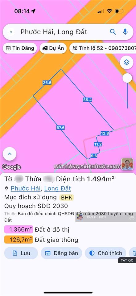Trục chính ngay vòng xoay tỉnh lộ 44a phước hải đi biển phước hải chỉ 3km  dt 1494m2  26.6x57m