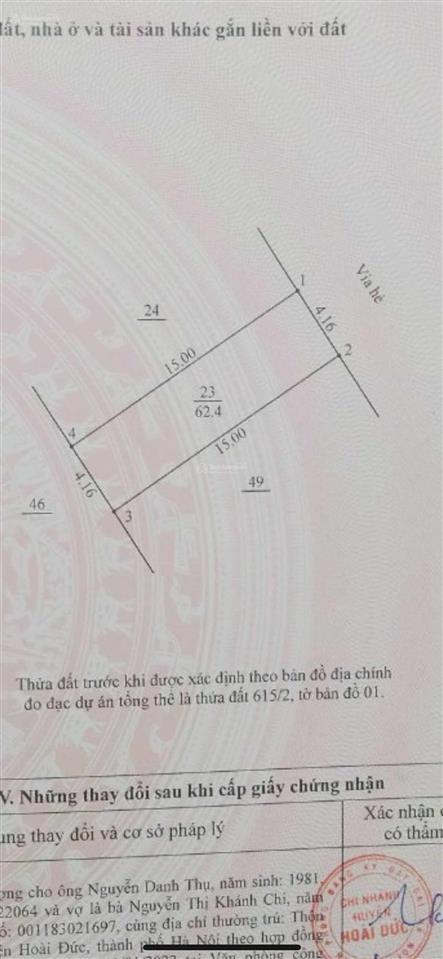 Chính chủ bán lô đất dịch vụ lại yên số 23 có dt 62,5m², sổ đỏ, giá rẻ vị trí đẹp đắc địa