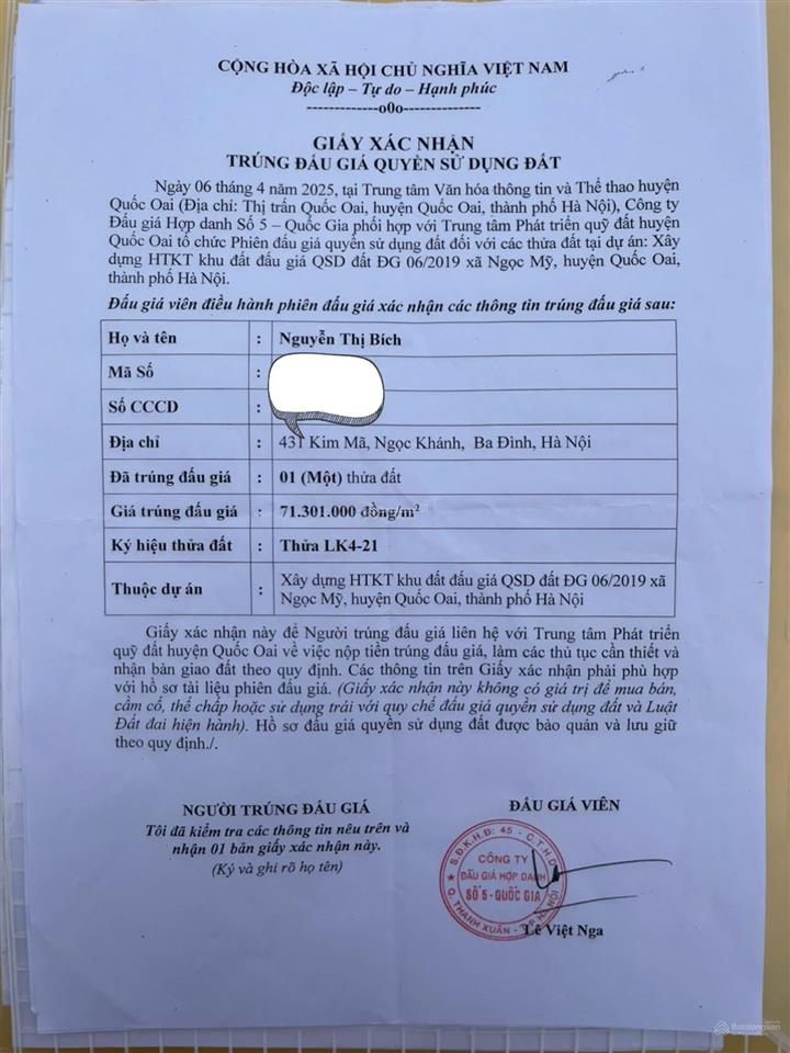 Chính chủ bán đất đấu giá 75m2 tại xã ngọc mỹ, quốc oai, cạnh bệnh viện nhi sản trung ương