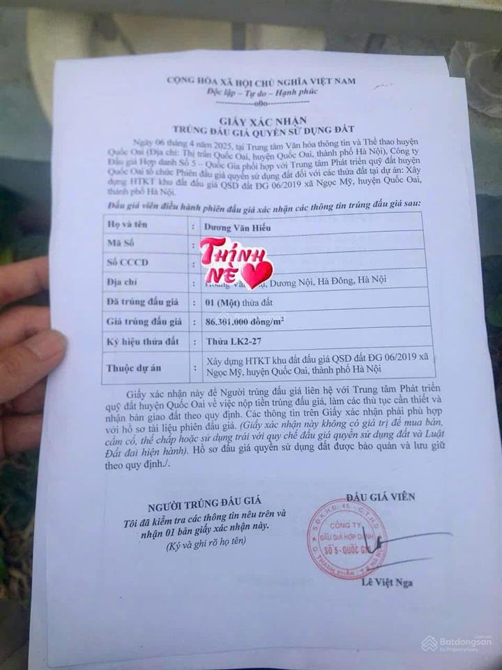 Chính chủ bán đất đấu giá 75m2 tại xã ngọc mỹ, quốc oai, cạnh bệnh viện nhi sản trung ương