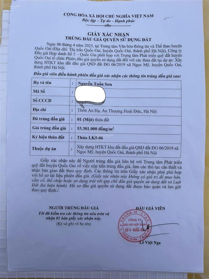 Chính chủ bán đất đấu giá 75m2 tại xã ngọc mỹ, quốc oai, cạnh bệnh viện nhi sản trung ương