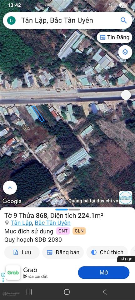 Bán đất mặt tiền đường dt746, tân lập, bắc tân uyên, dt 224m2, thổ cư 100m2