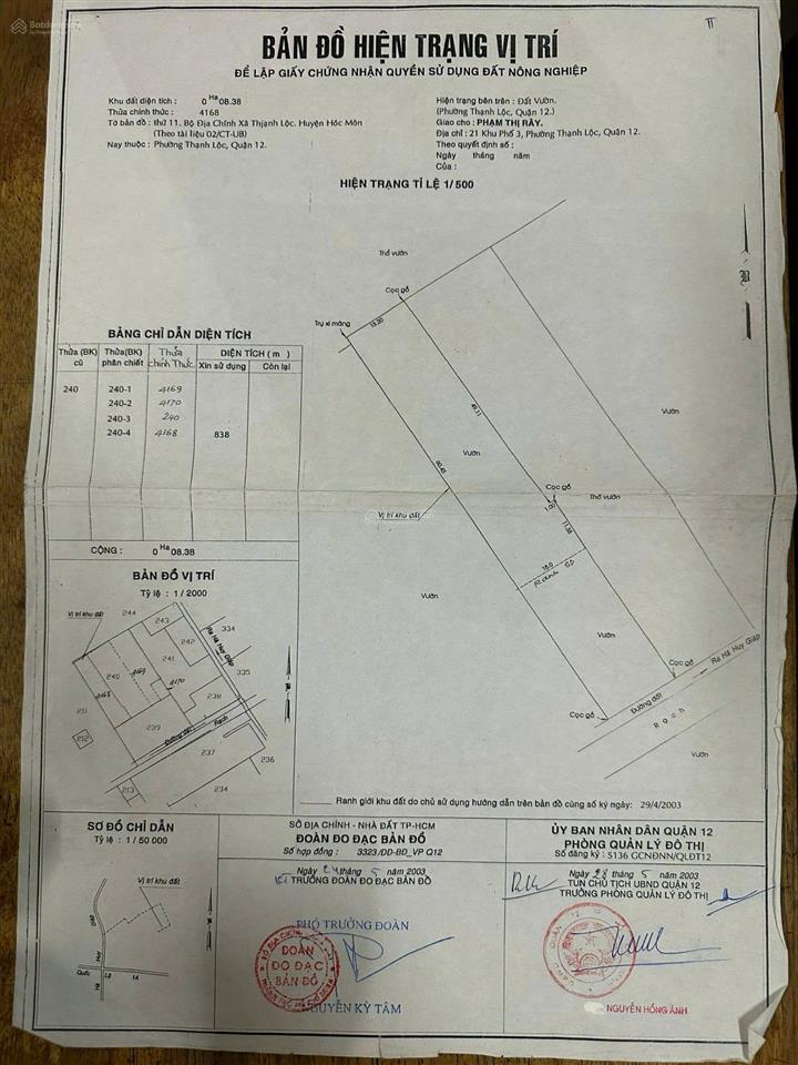Chính chủ cần bán lô đất nhà 838m2, hẻm 197 tl15 giao với tl31