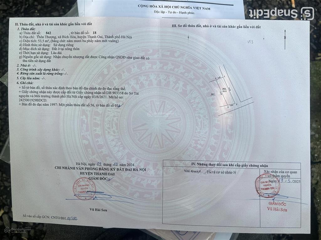 Lô góc thôn thượng, bích hoà, thanh oai dt 53,5m2