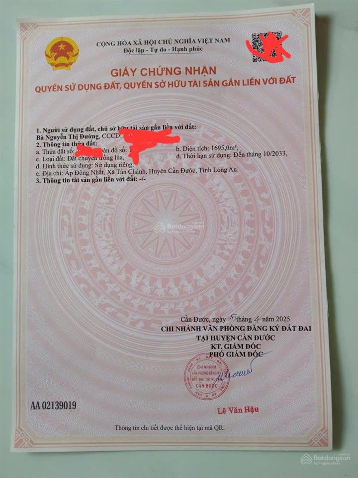 Bán đất tân chánh, cần đước, long an, đất lúa 1695m2