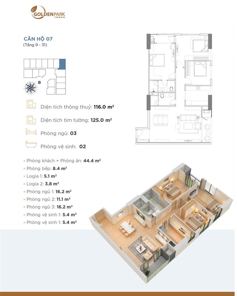 Bán ch 3pn2wc 106m2 tòa golden park, phạm văn bạch, cv cầu giấy, căn góc full nội thất, bc đông nam