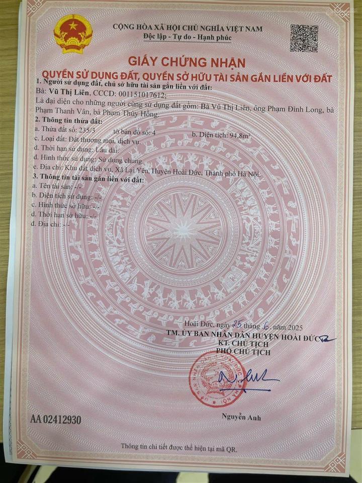 Bán lô đất 94,8m² siêu đẹp, đã có sẵn nhà cấp 4 mới xây, oto đỗ cửa tại lại yên, hoài đức