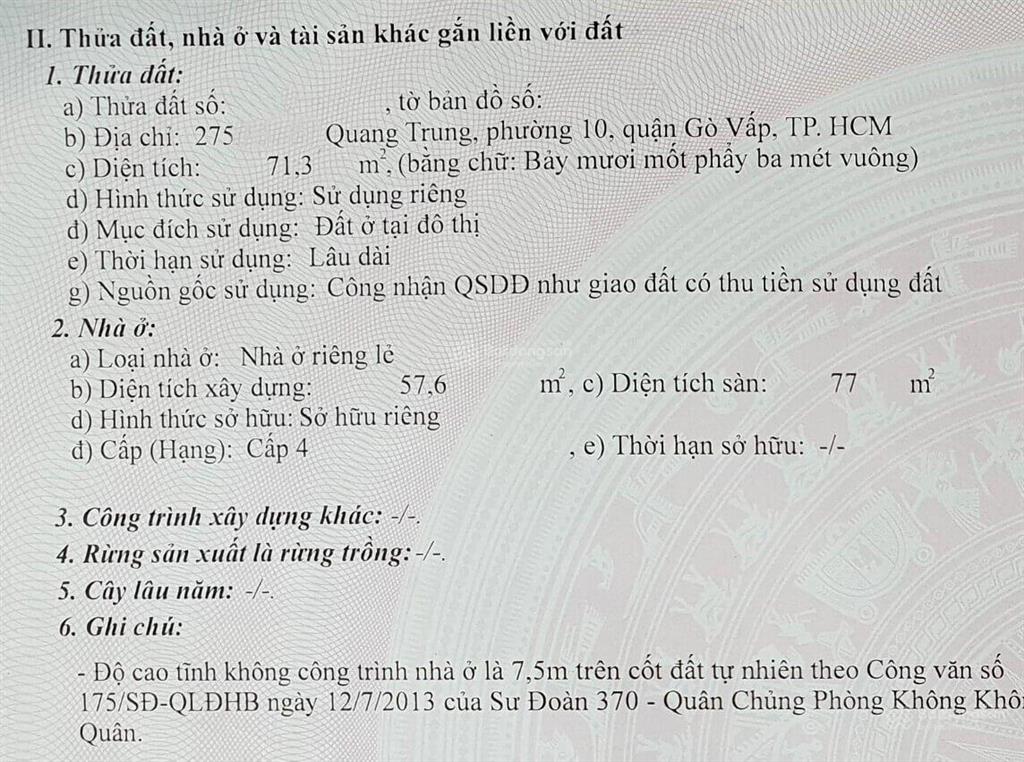 Bán nhà quang trung, phường 10, gò vấp, ngang 5m x dài 14,5m, dt đất 71,3m2, giá 5.89 tỷ