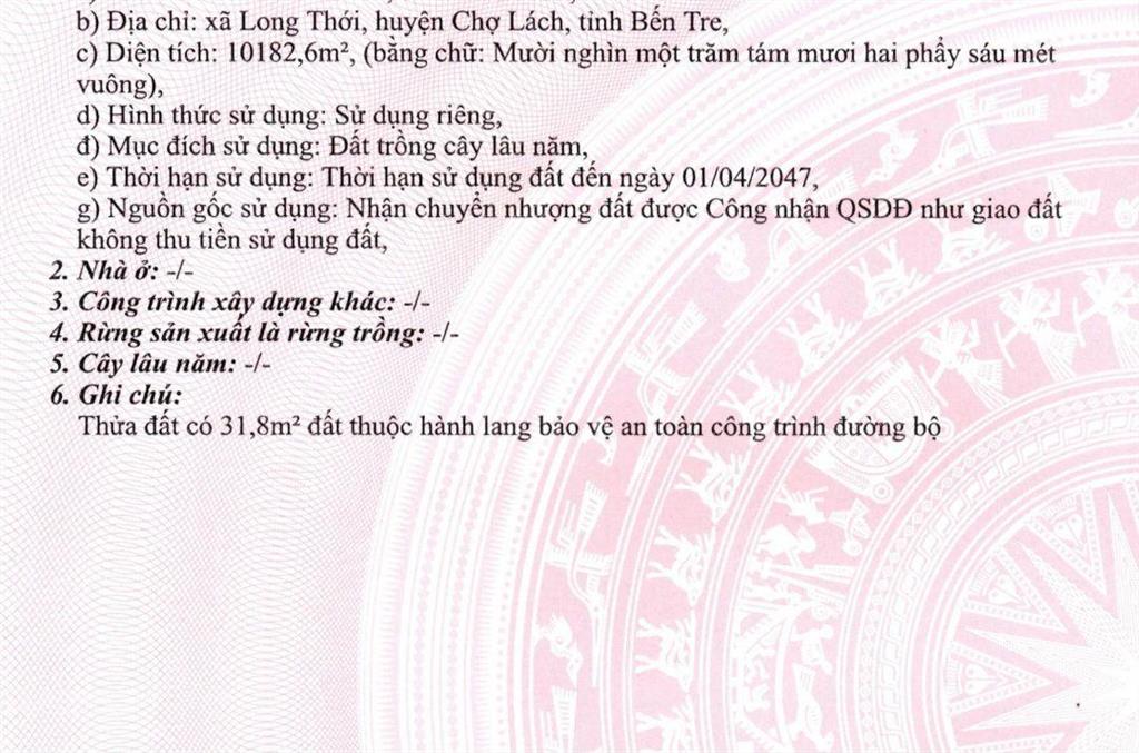 1,33 mẫu vườn + hạ tầng giá chỉ 11,3 tỷ long thới chợ lách bến tre (cũ)
