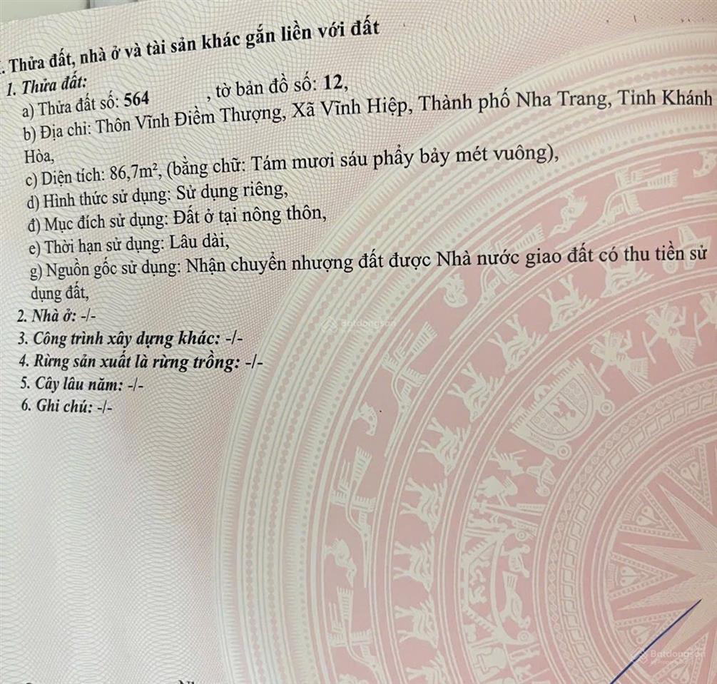 Đất vĩnh hiệp nha trang, đường ô tô, sát mặt tiền đường d30, dt 86,7m2, giá đầu tư.  0905 050 ***