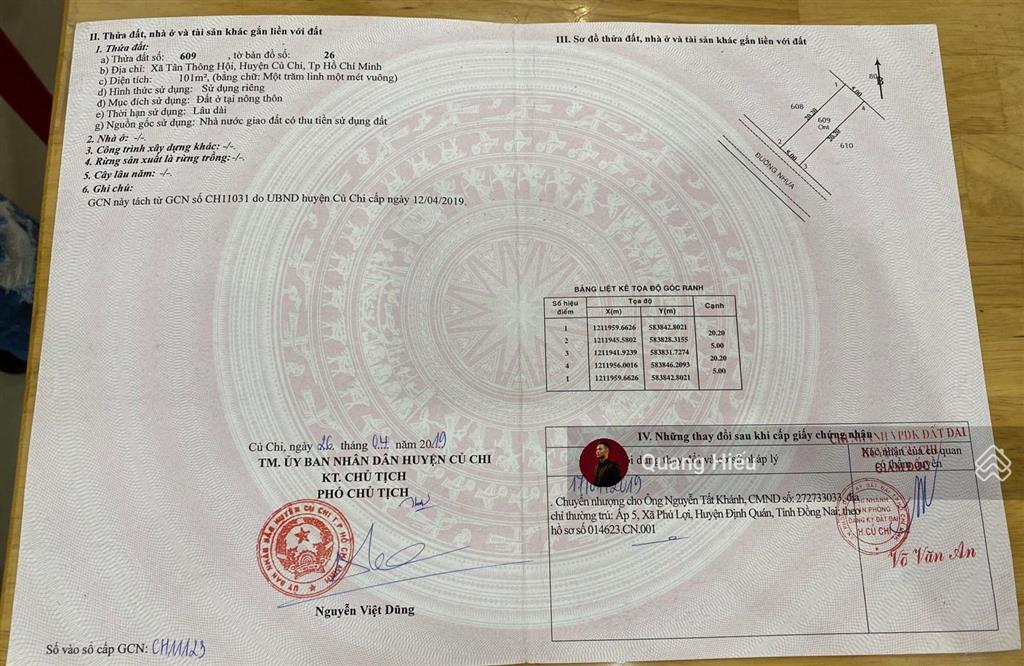 Bán lô đất 101m2 đ. suối lội xã tân thông hội củ chi, sổ hồng riêng, thổ cư 100% , giá 1.2 tỷ