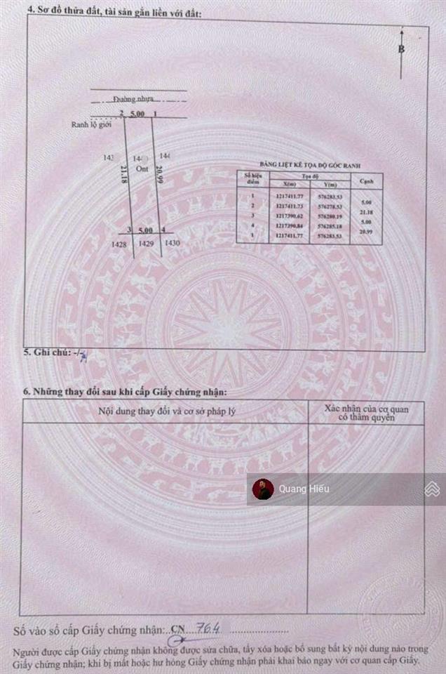 Đất thật  giá thật , dt 105m2 đ.cây chôm mỹ khánh h.củ chi , giá 1.250 tỷ , sổ riêng , thổ cư 100%