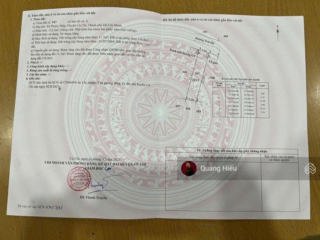 Bán lô đất 122,5m2 đ.ba sa xã phước hiệp củ chi, đất thổ cư , sổ hồng riêng , giá 1 tỷ