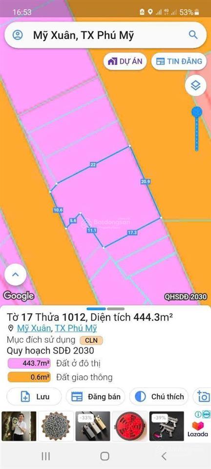 Bán đất hồ thanh tòng, mỹ xuân, phú mỹ, bà rịa vũng tàu, giá cực chất 6,5 tỷ, 444m2