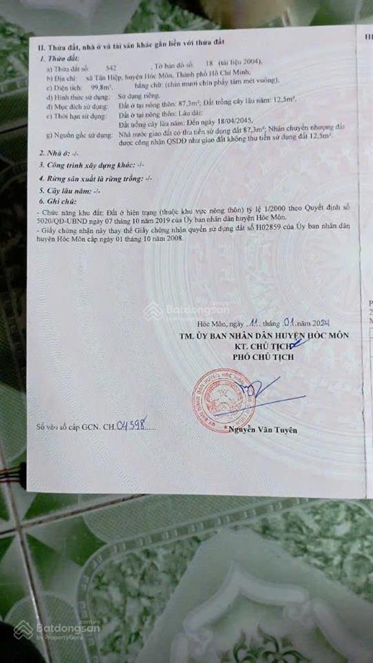 Bán gấp lô đất 99.8m2 giá 1tỷ6 đường huỳnh thị mài cách nhà máy nước tân hiệp, hóc môn chỉ 200m