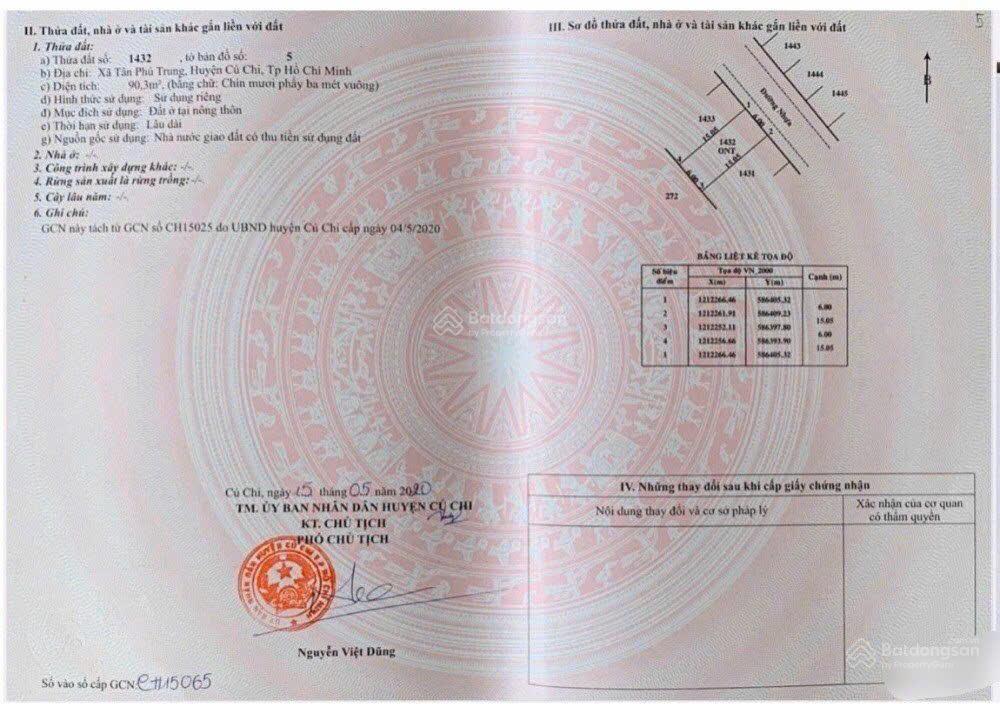 Bán gấp đất 90m2 giá 1tỷ250 đường nguyễn thị lắng xã tân phú trung củ chi chợ chiều 300m