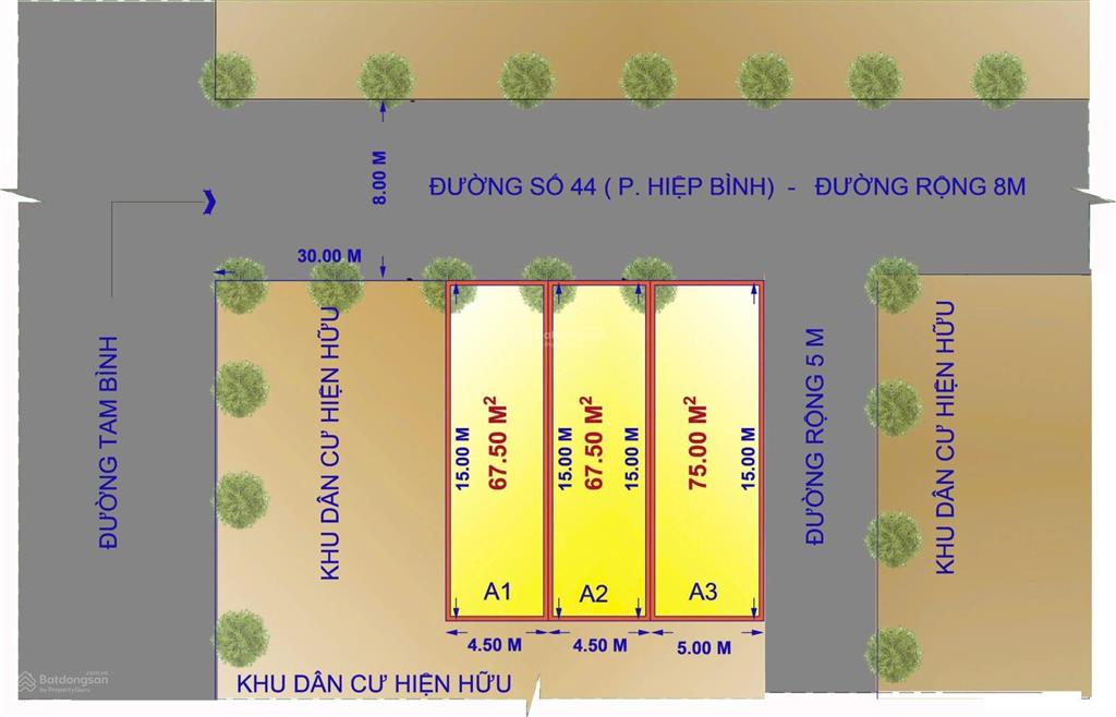 Chủ gửi 3 lô đất 5x15m  mặt tiền đường số 44  hiệp bình chánh  sổ full thổ cư