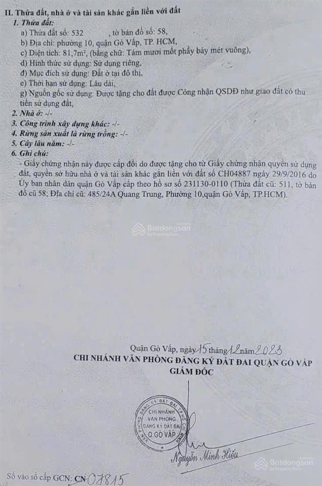 Bán đất vị trí vàng quang trung p10, gò vấp. dt 4x20.5m ko lộ giới. hẻm xh giá 7ti2 tl. 0902 958 ***